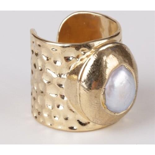 Pure gold color ring natural freshwater pearl bead charm adjust open hammered ring cuff for woman man
