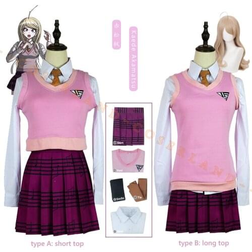 Kaede Akamatsu Cosplay Costume Pink Skirt Set School Girl Shirt+Vest+Skirt+Tie+Sock Uniform New Danganronpa V3 Halloween Cosplay