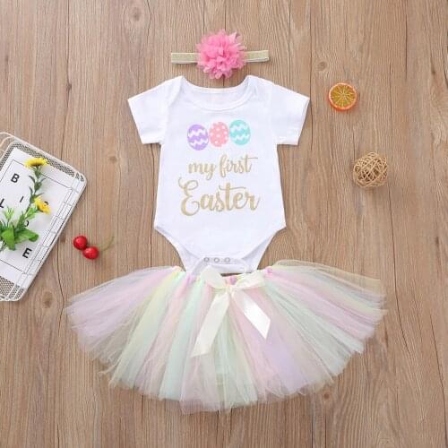 Emmababy 0-24M Newborn Baby Girl 3 Piece Outfits My First Easter Letter Printed Romper Tops and Mesh Tutu Skirt with Headband