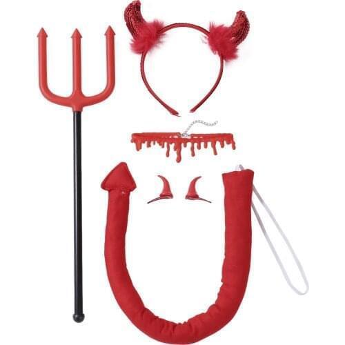 Red Devil Demon Fork Headband Ear Horn Hair Band Clavicle Necklace Tail Cosplay Props Masquerade Party Halloween Props