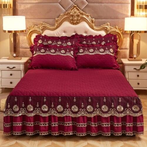 Brushed Quilted Thicken Bed Skirt Full Queen King Size for Adults Kids Bed Sheets Lace Floral Embroidery Bed Spreads