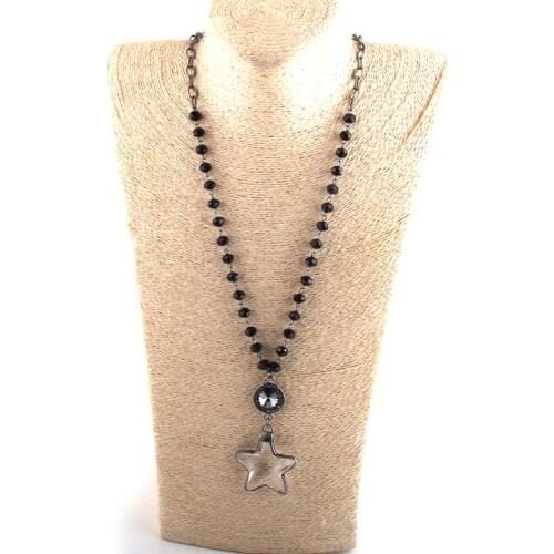 MOODPC Fashion Bohemian Jewelry Black Crystal Glass Rosary Chain Gun Plated Chain Glass Pendant Star Cross Necklaces
