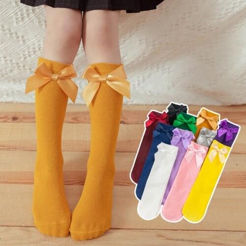 2021 New Girls Knee High Socks with Bows Candy Color Cotton Breathable Stockings Princess Socks School Navy Blue Socks