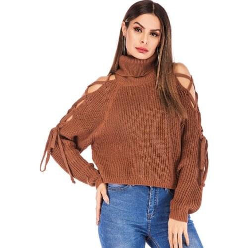 Fall / Winter 2020 New High Neck Sweater European American Womens Sexy Bandage Off Shoulder Solid Color Fashion Casual