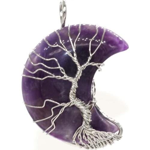 Kraft-beads Classic Style Silver Plated Wire Wrap Crescent Moon Rose Pink Quartz Pendant Black Agates Jewelry