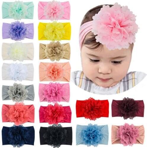 36pc/lot Baby Chiffon Flower Headband Turban Solid Color Newborn Elastic Hair Bands Flower Nylon Headband Girls Hair Accessories