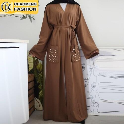 Middle East Fashion Pocket Brown Pearls Front Open Abaya Dubai Kaftan Caftan Turkish Islamic Clothing Muslim For Women Maxi Robe