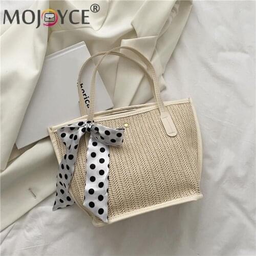 Women Summer Beach Woven Solid Color Tote Bag Fashion Ladies Silk Scarf Handbags Ladies Fashion Beach Large Purse