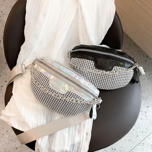Fashion Rhinestone Women Fanny Chest Pack Casul Chain Zipper Waist Phone Belt Pouch Ladies Shiny Crossbody Shoulder Bags