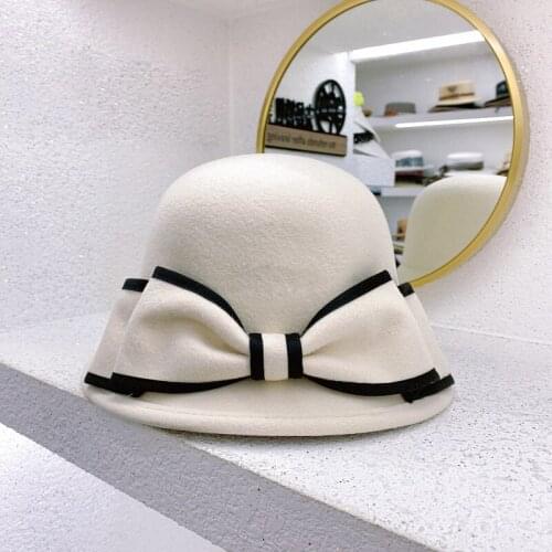 Autumn Winter New Woolen Dome Wide Brim Small Top Hat Women Fashion Bowknot Fedora Cap Basin Hat White Black Hat Sombreros Mujer