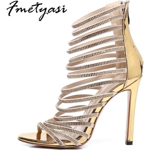 Women Gloden Sandals with Zipper Rhinestone Crystal Thin Heels Slip-on Shoes Super High Heels Pointed Toe Peep Toe Fashion