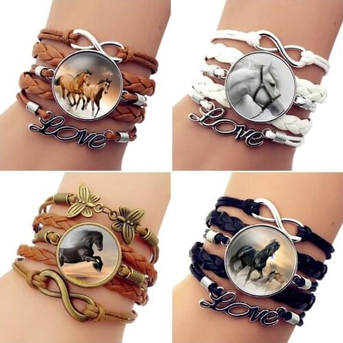 2020 Brand Hot Fashion Leather Infinity Horse Wrap Bracelet Bangle For Women Handmade Glass Cabochon Horse Jewelry Best Gift