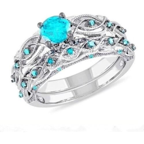 2pcs Silver Plated Wedding Ring for Women Blue Crystal Zircon Couple Rings Set Classic Romantic Engagement Party Jewelry Gifts