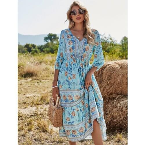 Womens Floral Vintage Boho Long Dress Print V-Neck Half Sleeve Elegant Dress Bohemian Vestidos Plus Size Dresses 2021 New S-XL
