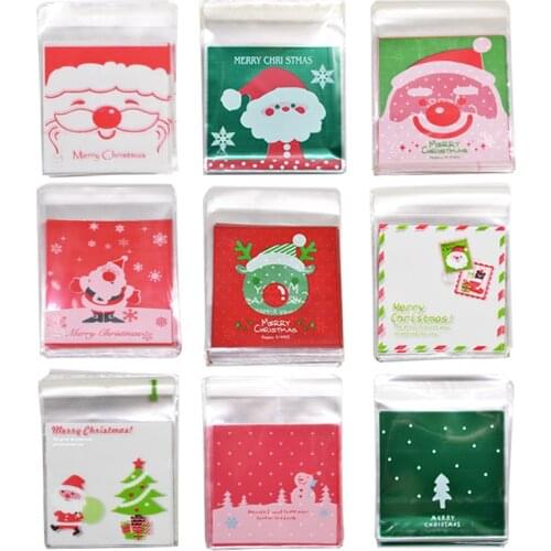 50Pcs 10x10cm Christmas Candy Cookie Gift Bags Plastic Self-adhesive Biscuits Snack Packaging Bags Xmas Party Decoration Favors