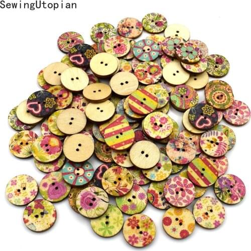 50PCS 25MM Mixed Flower Painted 2Holes Wooden Buttons for Clothing DIY Sewing Buttons Scrapbooking Decor Craft Accessories