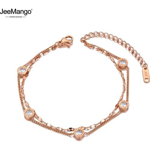 JeeMango Vintage Stainless Steel CZ Crystal Chain & Link Bracelets For Women Bohemia 5Pcs Roman Numerals Charm Bracelet JB20147