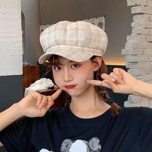 British Plaid Octagonal Hat Female Sunshade Cap Painter Hat Brick Red [56-58cm] With Adjustment Rope