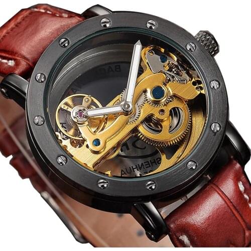 Transparent Automatic Mechanical Watch Men Steampunk Skeleton Bridge Vintage Self Winding Leather Male Watches SAAT montre homme