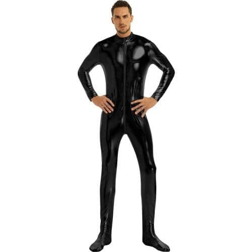 Black Men Shiny Metallic Round Neck Capless tights Long Sleeves Closed Toe Stretchy Full Body Leotard Bodysuit Night Club Wear