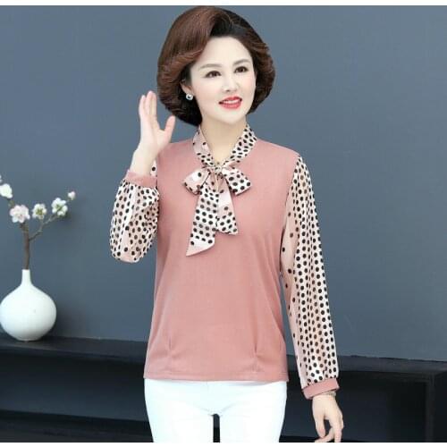 Pink Black Tie Neck Polka Dot Blouse Mature Women Spring Chiffon Long Sleeve Patchwork Fake 2PCS Top Lady Smart Casual Clothes