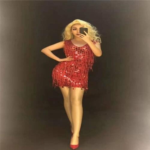 D32 Sexy female red sequin tassel dresses singer performance show wears skirt ballroom pole dance costume stage clothe party bar