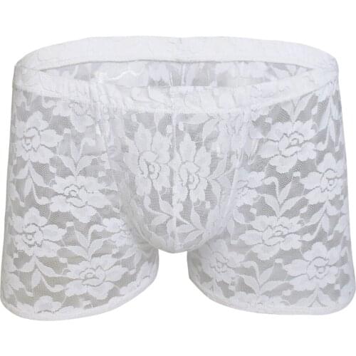Men Sexy Low Waist Sissy Panties Lingerie Gay Erotic Sheer Lace Floral Boxer Shorts Underwear Transparent Briefs Underpants M-XL