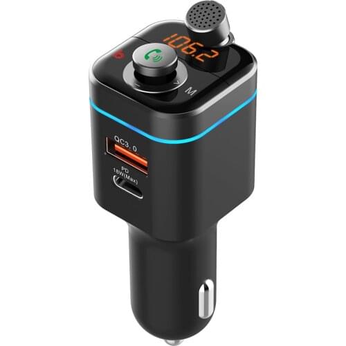 Bluetooth 5.0 Car FM Transmitter Microphone Wireless Car Charger Hands-Free Call Type-c PD 18W QC3.0 Fast Charging FM Modulator
