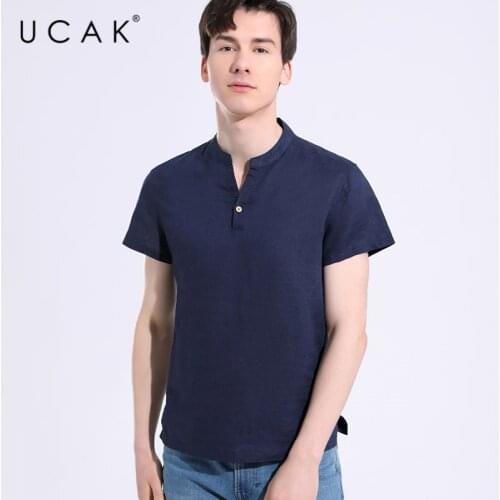 UCAK Brand Classic O-Neck Button Short Sleeve Cotton T Shirt Summer New Arrival Streetwear Solid Color TShirt Men Homme U5646