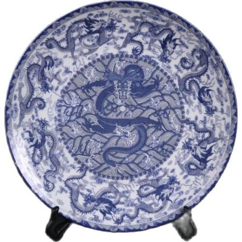 Chinese Old Porcelain Blue And White Dragon Pattern Appreciation Plate