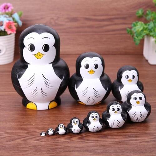 10pcs/Set Penguin Pattern Russian Matryoshka Doll Basswood Creative Wood Toy Gift Hand Paint Crafts Home Decor wholesale