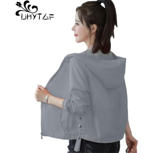 UHYTGF Fashion Womens Short Sunscreen Clothing Anti-UV Outdoor Thin Jacket Long-Sleeved Hooded Breathable Slim Summer Coat 2086