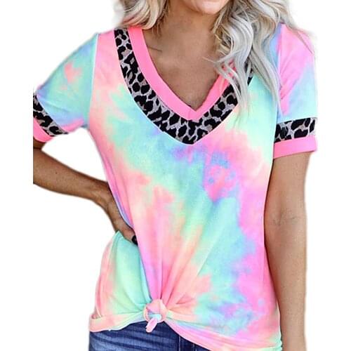 Fashion Print Women T-Shirts Summer Tie Dye Leopard V-Neck Short Sleeve Loose T-Shirt Pullover Top Women T Shirt Multi Color XXL