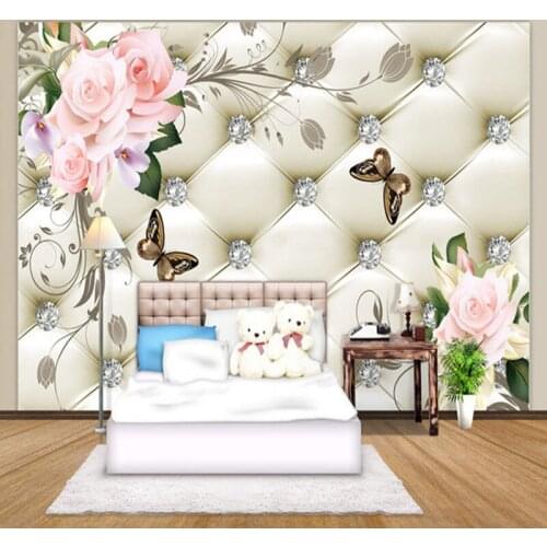 Custom 3D Mural Wallpaper European Style Rose Flower Pattern Diamonds Wall Painting Living Room TV Background Leather Wallpaper