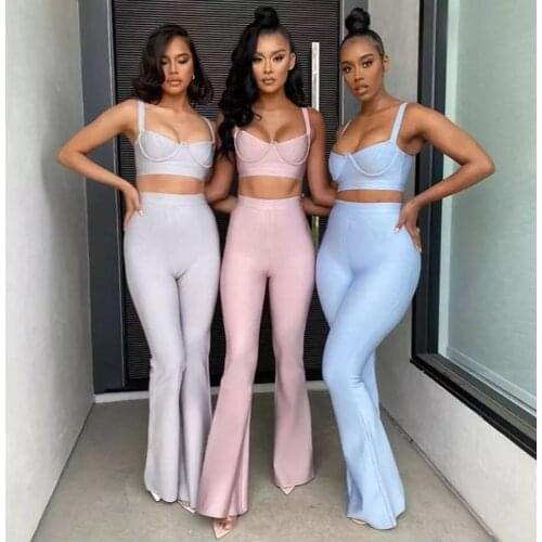 New 2021 red black blue olive grey Two Pieces sets Tops and pants Bandage Set Celebrity Evening Party Outfit