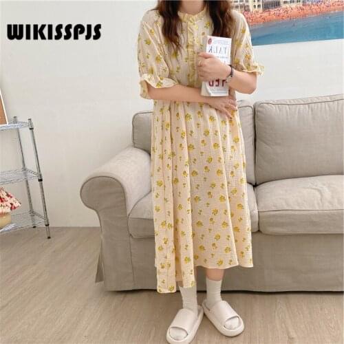 WIKISSPJS 2021 Summer New Sweet Fungus Checkered Nightdress Pure Cotton Short Sleeve Floral Home Clothes Pajamas Night Gown