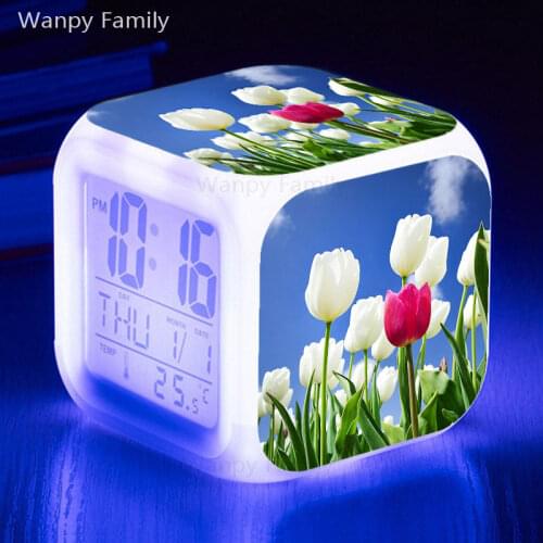 Very Nice Tulip Alarm Clock 7 Color Changing Glowing Led Digital Alarm Clock Kids room Multifunction Luminous Electronic Watches