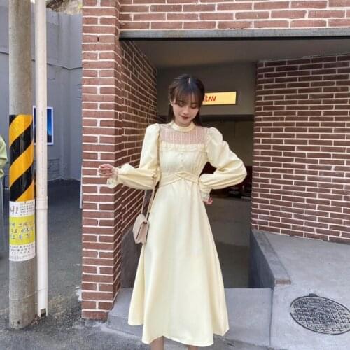 2021 AutumnLace Sweet Elegant Dress Women Evening Party One Piece Dress Korean Kawaii Long sleeve Sleeve Dress Female O- neck