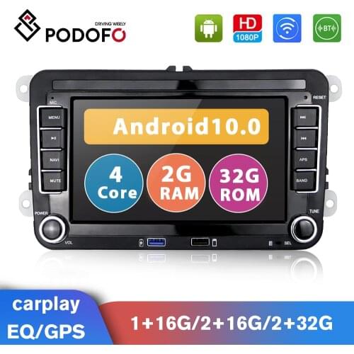 Podofo 2Din 7'' Android 10.0 GPS Car Radio For VW Golf 5 6 Touran Passat B6 B7 Sharan Jetta Polo Tiguan Skoda Seat Wifi Player