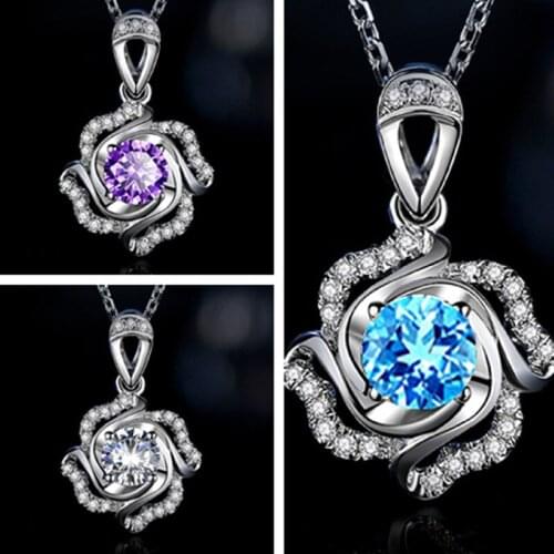 100% Silver 925 Necklaces Female Choker Accessories Shiny Crystal Blue Whirling Flower Pendant Necklaces For Women Jewelry Lady