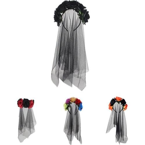 Bridal Black Veils With Red Rose Flower Hairband Beauty Witch Dress For Women Cosplay Costume Wedding Party Headdress Accessory