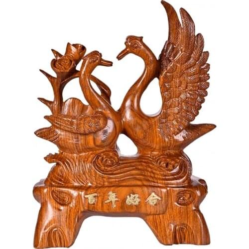 Wood carving 100 years of good combination decoration wedding gifts decoration handicraft Swan shape decoration Bogu shelf decor