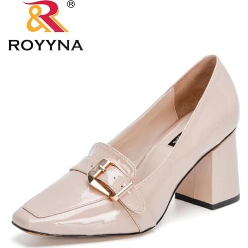 ROYYNA 2021 New Designers Patent Leather Buckle High Heel Square Toe Pumps Women Dress Party Office Shoes Ladies Working Shoes