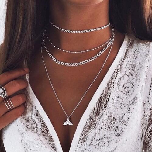 Vintage Multilayer Fish Tail Pendant Necklace Women Bohemian Beads Thick Chain Geometric Clavicle Necklace Jewelry Kolye YN1546