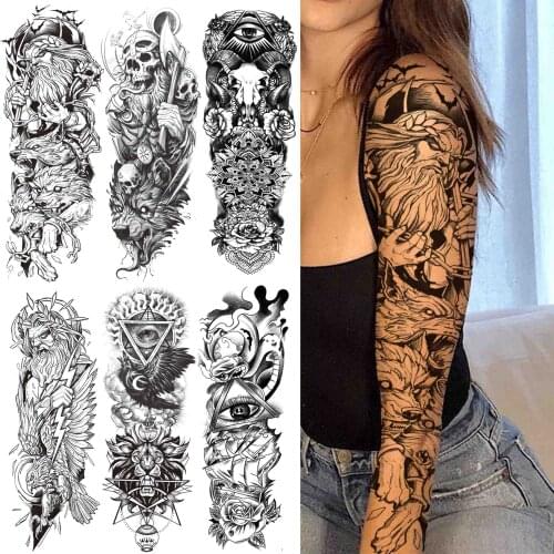 Black God Wolf Temporary Sleeve Tattoos For Women Men Adult Skull Geometric Tattoo Sticker Fake Flower Full Arm Tatoos Realistic