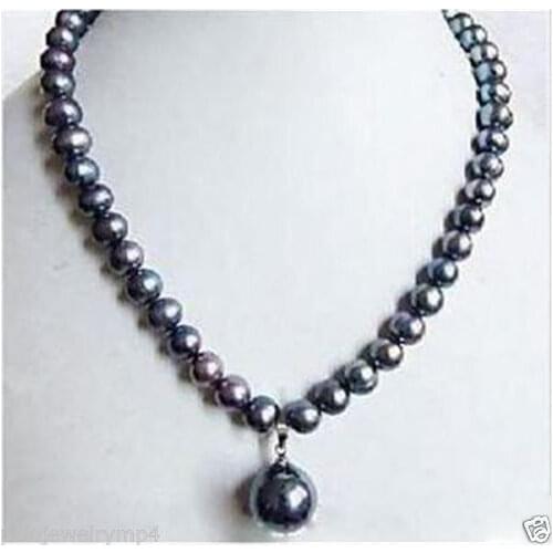Jewelry 7-8mm Black Tahitian Pearl Necklace Shell Pearl Drop 18" AAA style Fine Noble real Natural free shipping