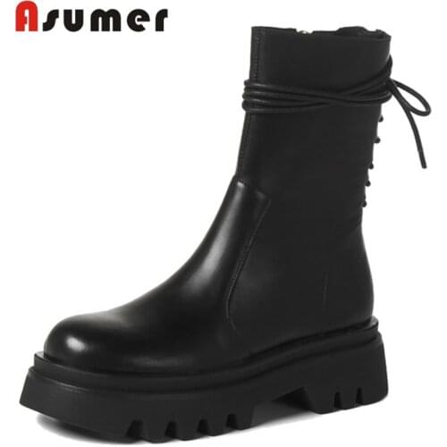 Asumer 2022 hot sale vintage platform boots women shoes round toe autumn winter genuine leather punk shoes woman ankle boots