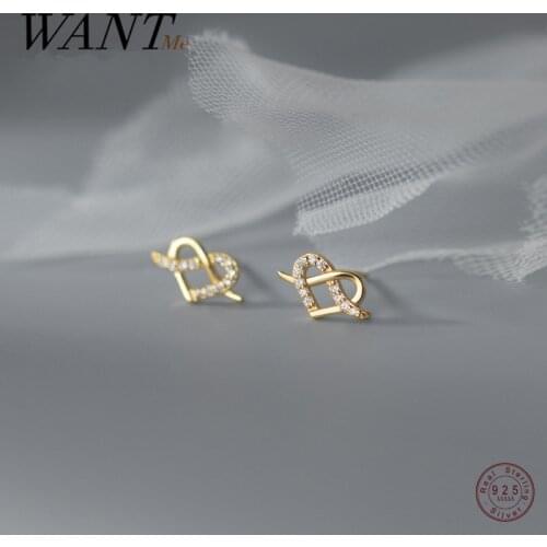 WANTME 925 Sterling Silver Korean Elegant Love Heart Twisted White Zircon Stud Earrings for Women Unique Wedding Simple Jewelry