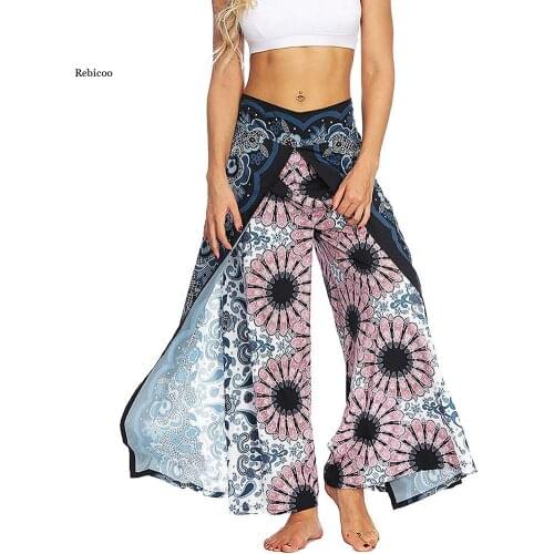 Womens Slit Wide Leg Pants Summer Casual Beach Palazzo Boho Hippie Bohemian Pilate Plus Size