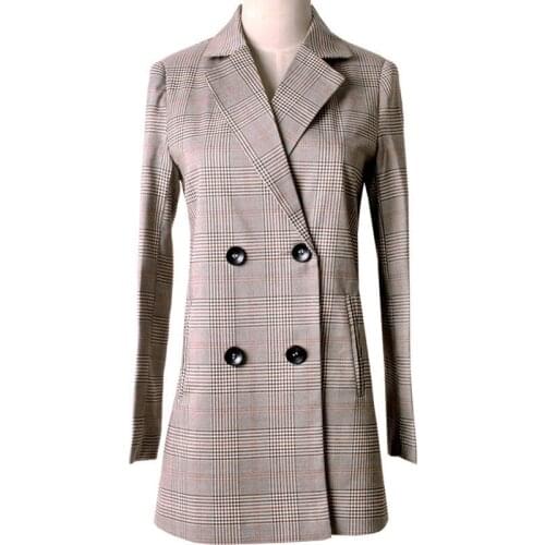 SURUFENG Ladies Notched Collar Plaid Women Blazer Double Breasted 2021 Autumn Long Jacket Casual Pockets Female Suits Coat